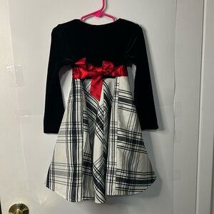 Girls' Black Velvet and Plaid Dress with Red Bow